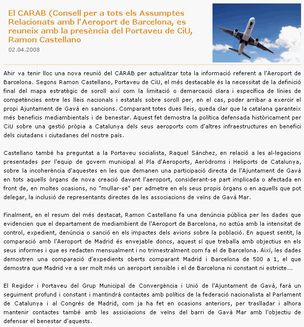Informaci&oacute;n publicada en la web de CiU de Gav&agrave; sobre la CARAB convocada por el Ayuntamiento de Gav&agrave; el pasado 1 de Abril de 2008
